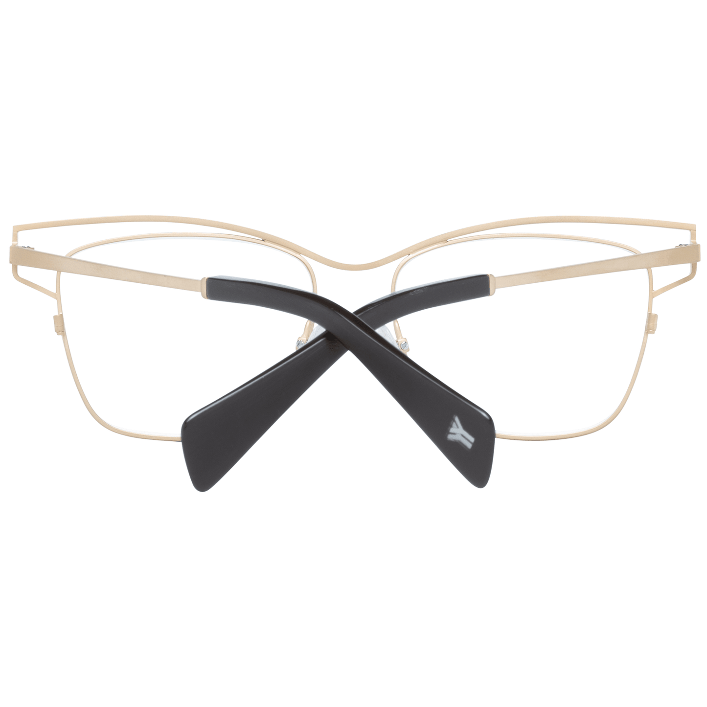 Yohji Yamamoto Gold Women Glasses Frame in titanium with full-rim square design, demo lenses, temples length 145 mm, includes soft case.