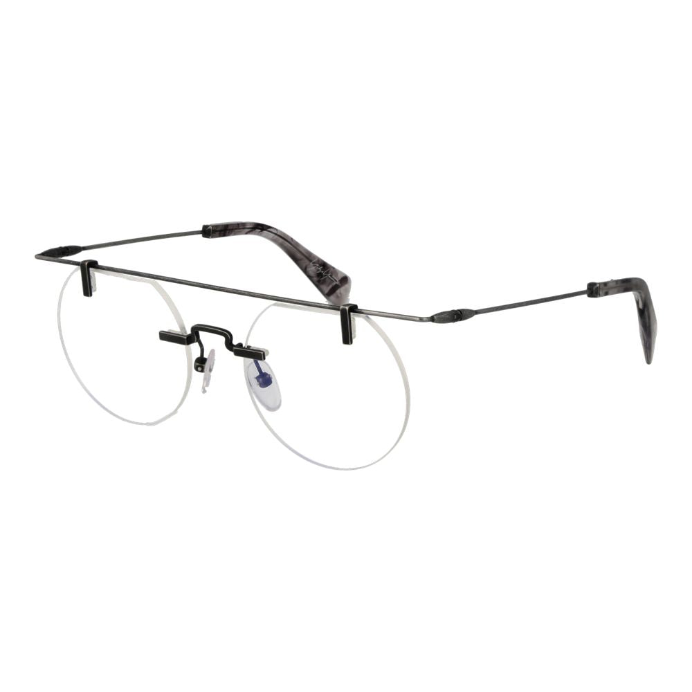 Yohji Yamamoto Gray Men Glasses Frame, rimless round style, grey metal frame with demo lenses, temples length 148mm, frame width 135mm.