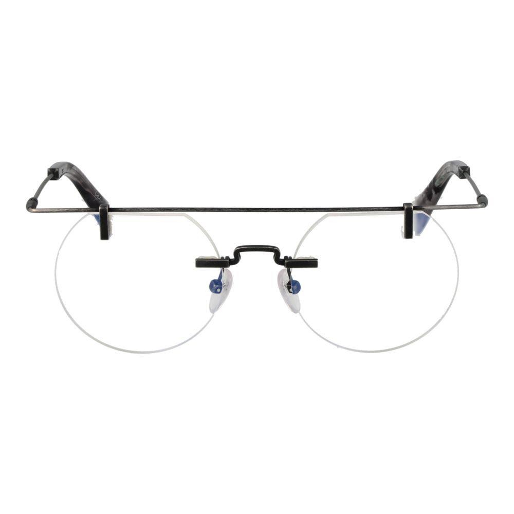 Yohji Yamamoto Gray Men Glasses Frame, rimless design, metal material with grey color, round lenses, blue filter, includes branded soft case.