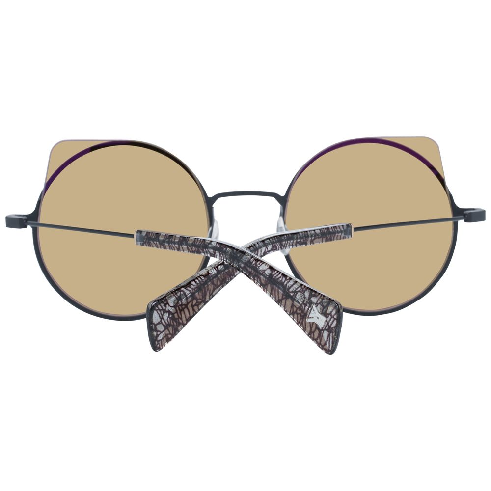Yohji Yamamoto Gray Men Sunglass with gunmetal full-rim frame, gold mirrored lenses, and plastic temples for UVA/UVB protection.