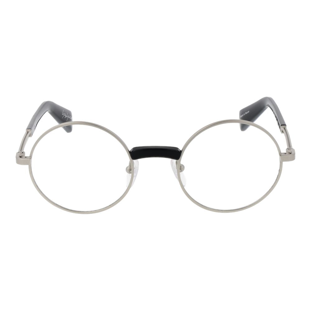 Yohji Yamamoto Silver Men Glasses Frame, round metal, full-rim, 48-21-145, with demo lenses in a branded soft case.