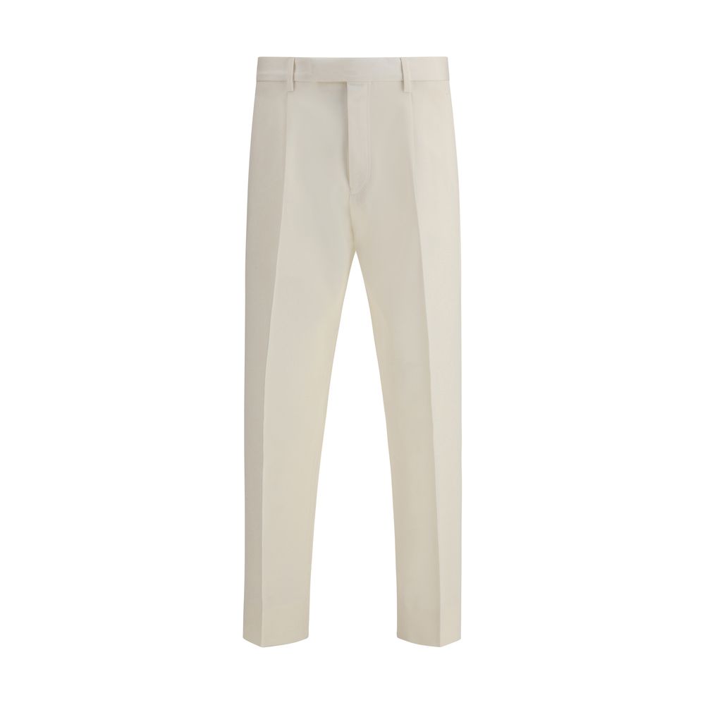 ZEGNA White Cotton Dress Pants featuring elegant design with front zipper, button closure, and pockets, ideal for formal occasions.