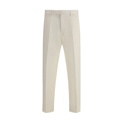 ZEGNA White Cotton Dress Pants featuring elegant design with front zipper, button closure, and pockets, ideal for formal occasions.