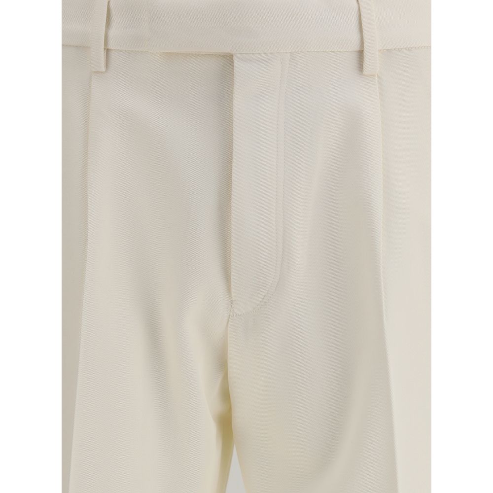 ZEGNA White Cotton Dress Pants with front zipper and button closure, featuring belt loops and classic welt pockets, AW25 collection.