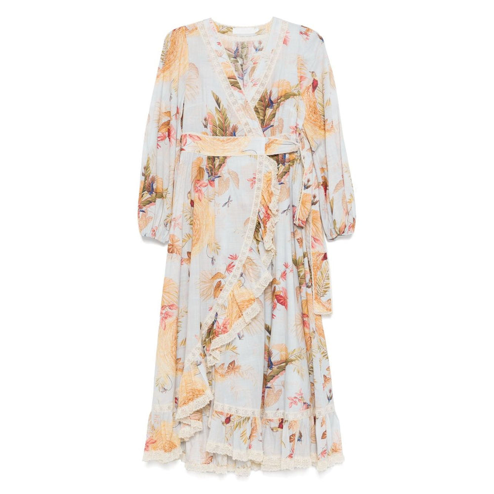 Zimmermann Ascension Ruffled Midi Dress in light blue floral print with lace trim and self-tie fastening, wrap design, front view.