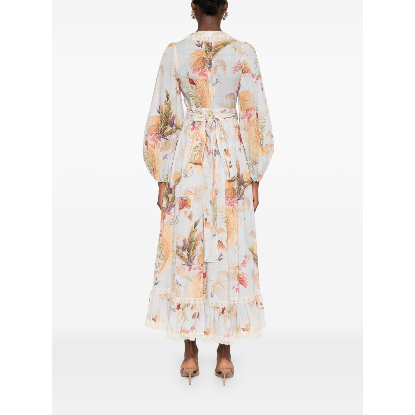 Back view of Zimmermann Ascension Ruffled Midi Dress in light blue with floral print and lace trim, featuring a self-tie wrap design.
