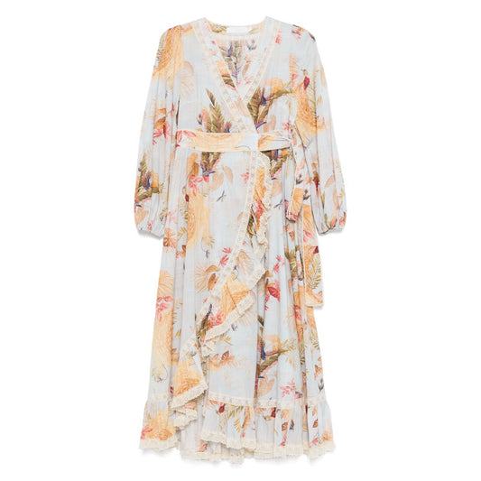 Zimmermann Ascension Ruffled Midi Dress in light blue floral print with lace trim