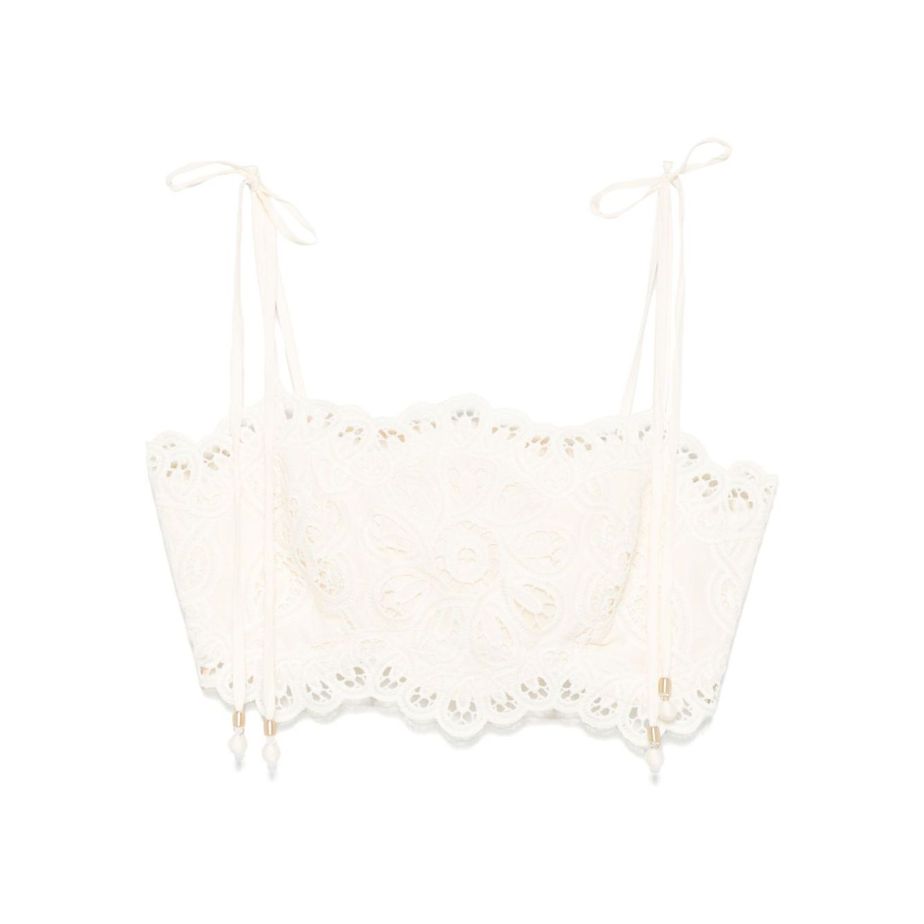 Zimmermann Cropped top with beige tie-fastening straps, cut-out floral detail, lettuce hem, and Rhiannon embroidered bodice.