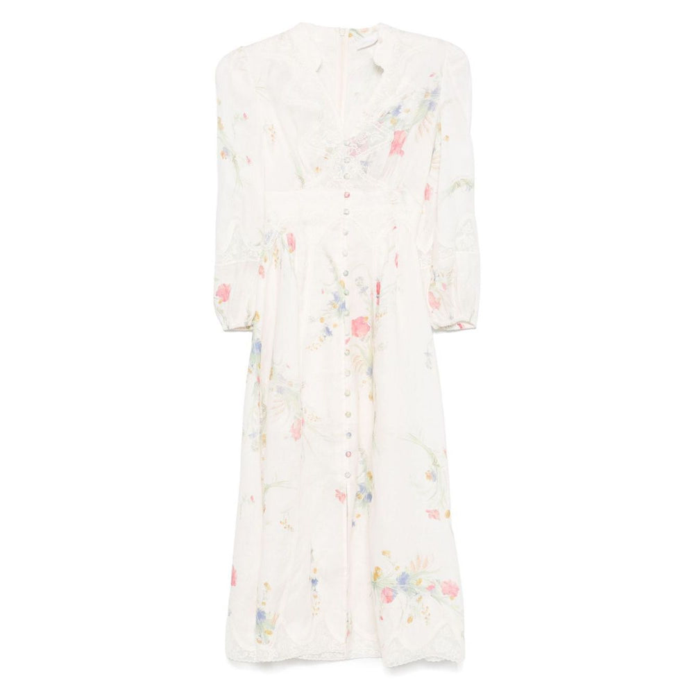 Zimmermann Lucky low-cut lace midi dress with ecru floral print and front button fastening