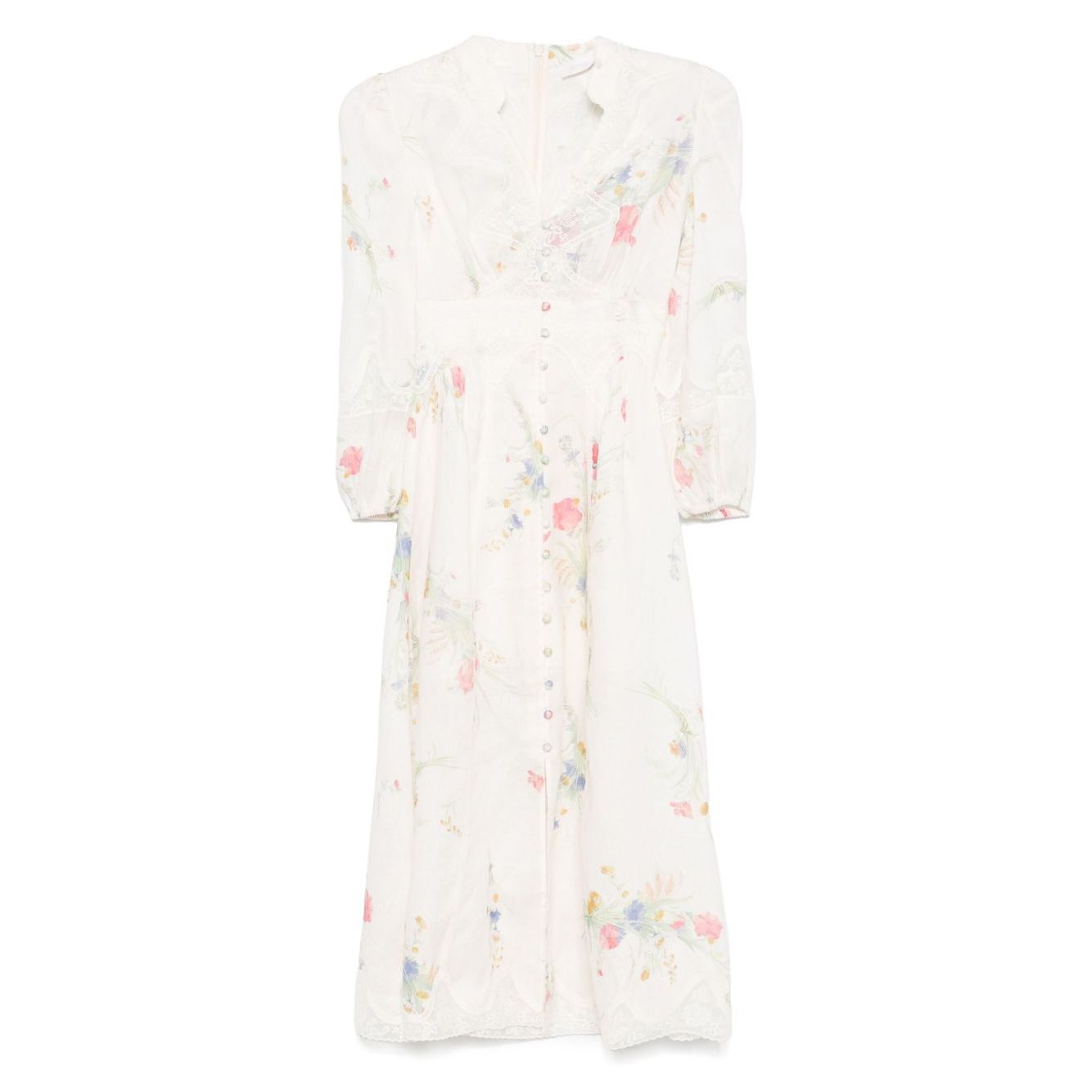 Zimmermann Lucky low-cut lace midi dress with ecru floral print and front button fastening