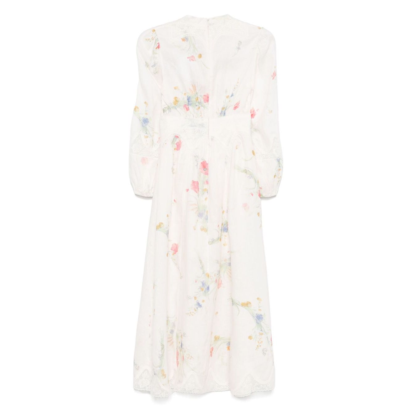 Zimmermann Lucky low-cut lace midi dress in ecru with floral print, front button and concealed zip fastening, elasticated cuffs, linen fabric