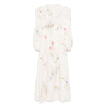 Zimmermann Lucky low-cut lace midi dress in ecru with floral print, front button and concealed zip fastening, elasticated cuffs, linen fabric