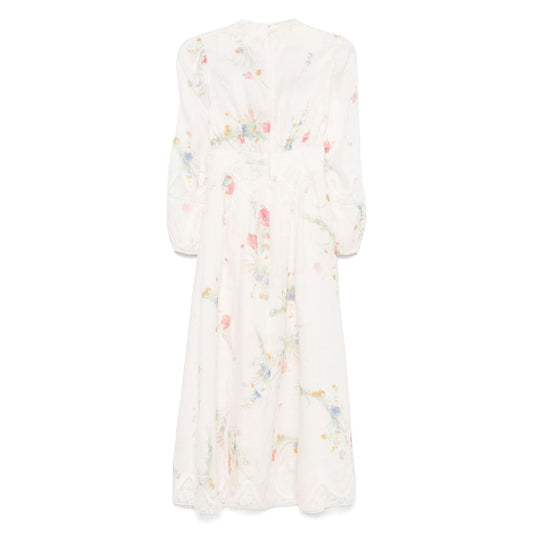 Zimmermann Lucky low-cut lace midi dress in ecru with floral print, front button and concealed rear zip fastening, elasticated cuffs.