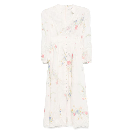 Zimmermann Lucky low-cut lace midi dress in ecru with floral print and button fastening, featuring elasticated cuffs.