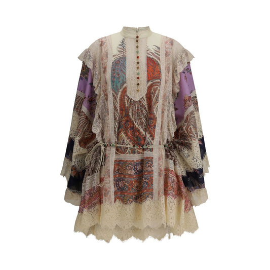 Zimmermann Multicolor Cotton Casual Dress with lace trim and beaded belt, featuring a high neck and asymmetrical hem design.