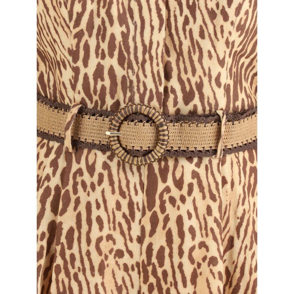 Zimmermann Multicolor Linen Casual Dress with leopard print and raffia belt detail.