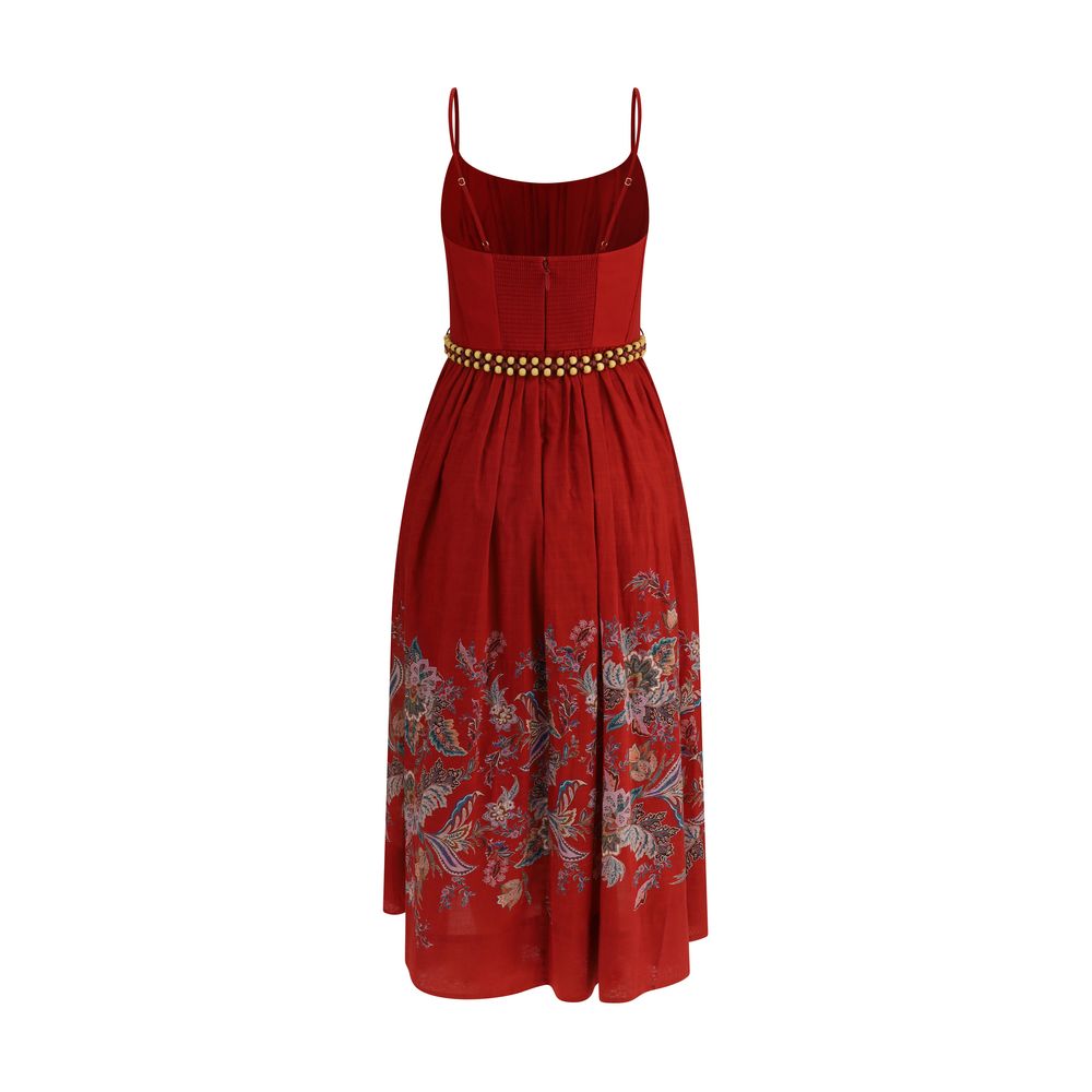 Zimmermann Rhiannon midi Dress with floral pattern, corset style, thin straps, and flared bottom.