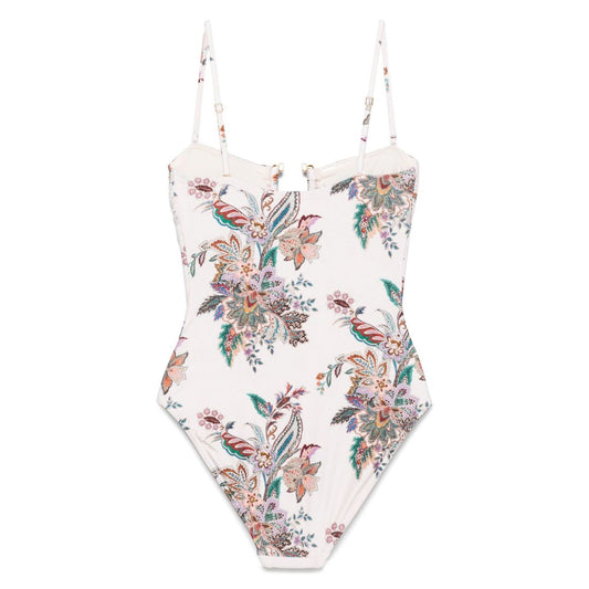 Zimmermann Sea clothing Beige swimsuit, featuring sand beige color with paisley print, adjustable straps, and knot detailing.