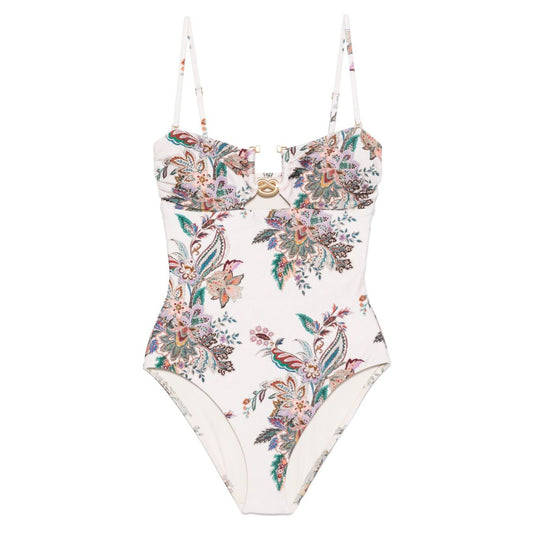 Zimmermann Sea clothing Beige swimsuit with paisley print, detachable straps, knot detail. Size 1 shown on model 1.75m tall.