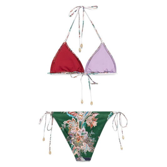 Zimmermann Sea clothing MultiColour Rhiannon bikini set with emerald green paisley print and halterneck tie fastening.