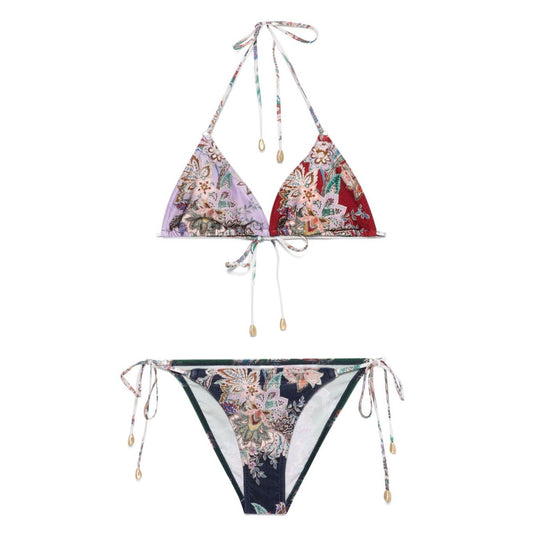 Zimmermann Sea clothing MultiColour bikini set with emerald green halterneck, paisley print, rear tie fastening.
