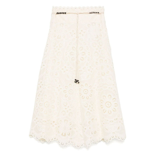 Zimmermann Skirts Ivory with beige front tie, cut-out floral detail and lettuce hem design. Rhiannon maxi skirt.